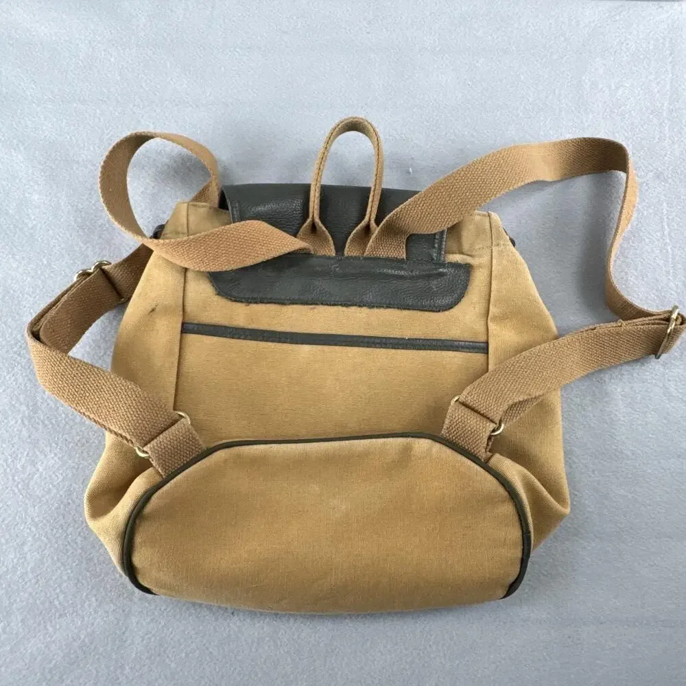 Vintage L.L. Bean Beige Canvas Leather Trim Backpack Plaid Lined Brass Daypack